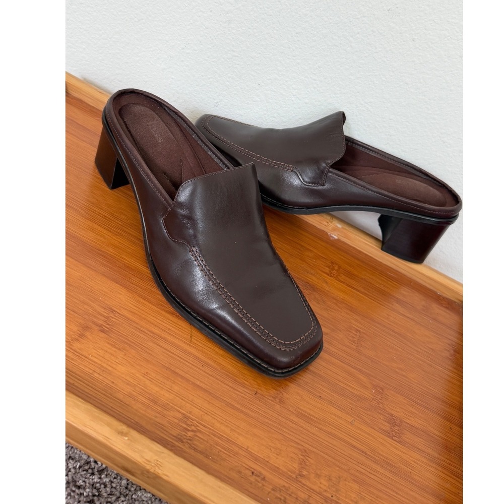 Bass Ceecee Brown Leather Square Toe Block Heel Mules 9.5M 621020A-206 Preppy - Picture 4 of 16